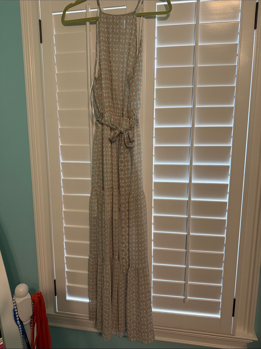 Light Blue and Cream Printed Sleeveless Maxi Dress with Self-Tie Waist